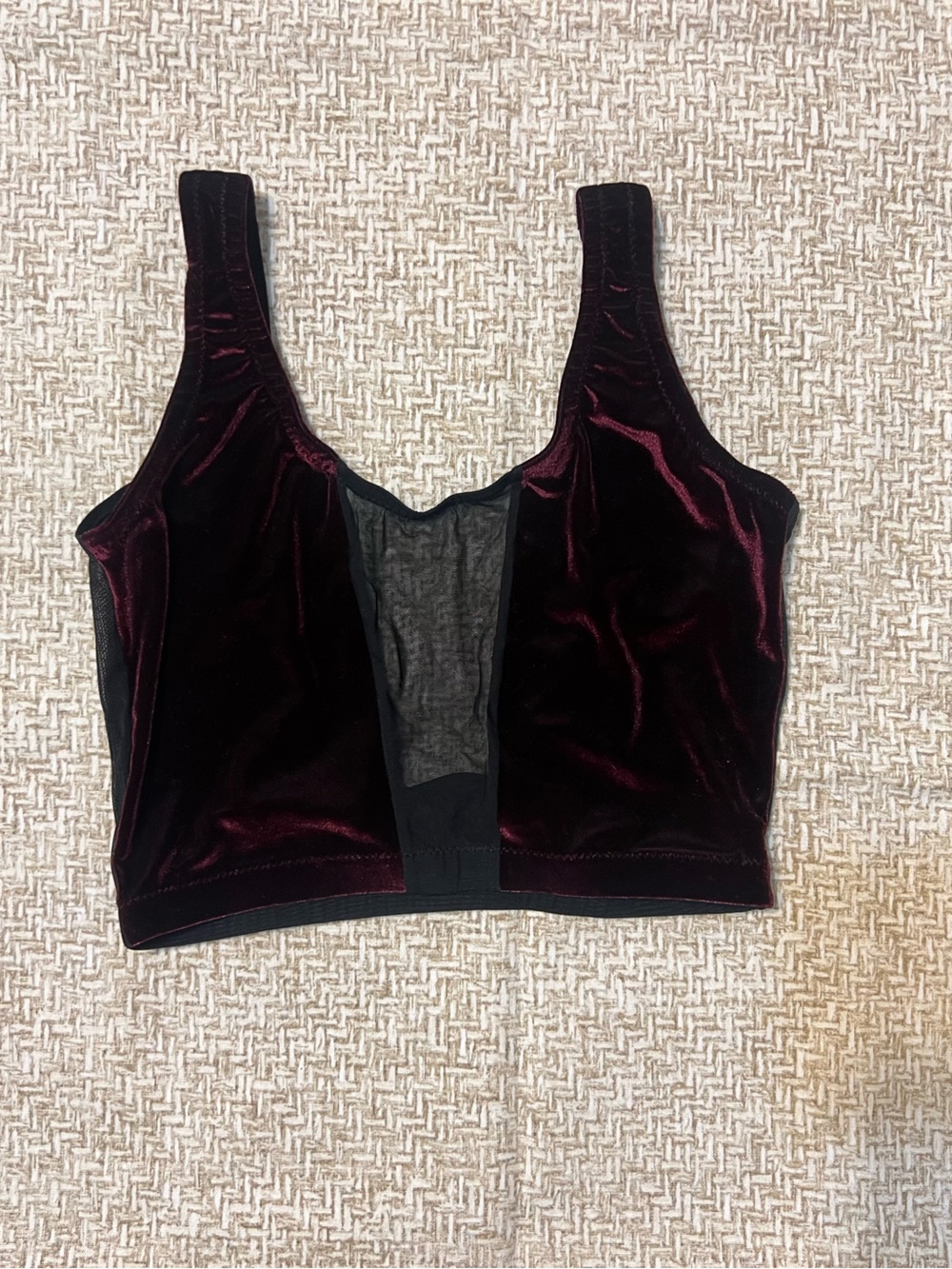 MoldieGoldies Burgundy Velvet Sheer Mesh Crop Top XS